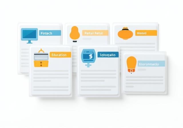 Tarjetas ilustrativas de industrias: Fintech, Retail, Salud, Educación, Logística y Gobierno